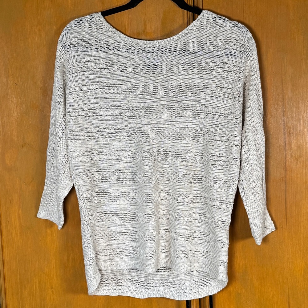 Tahari Linen Beige Open Knit 3/4 Sleeve Top Coastal Boho Beachy‎ Lagenlook XS